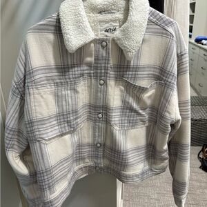 Aerie Cream and Gray Plaid Teddy Jacket